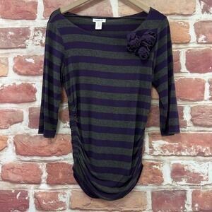 Vintage Harolds Tunic Top Women's M Purple Gray Striped Rosette Accent Shirt